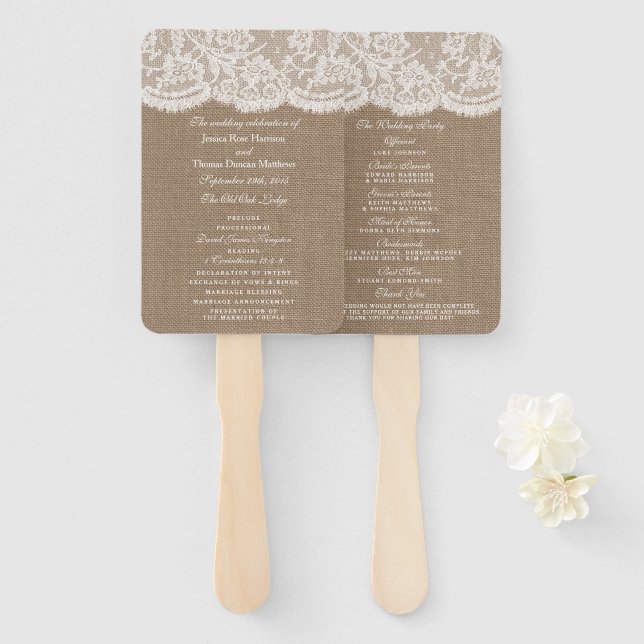 Éventail Programmes de collection de Mariages Burlap & Lace (Devant et derrière)