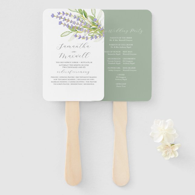 Éventail Programmes de mariage aquarelle Lavender Florals (Devant et derrière)