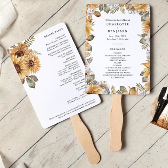 Éventail Programmes de mariage au tournesol rustique (Rustic Sunflower Wedding Programs Hand Fan by Painted Paperie
)