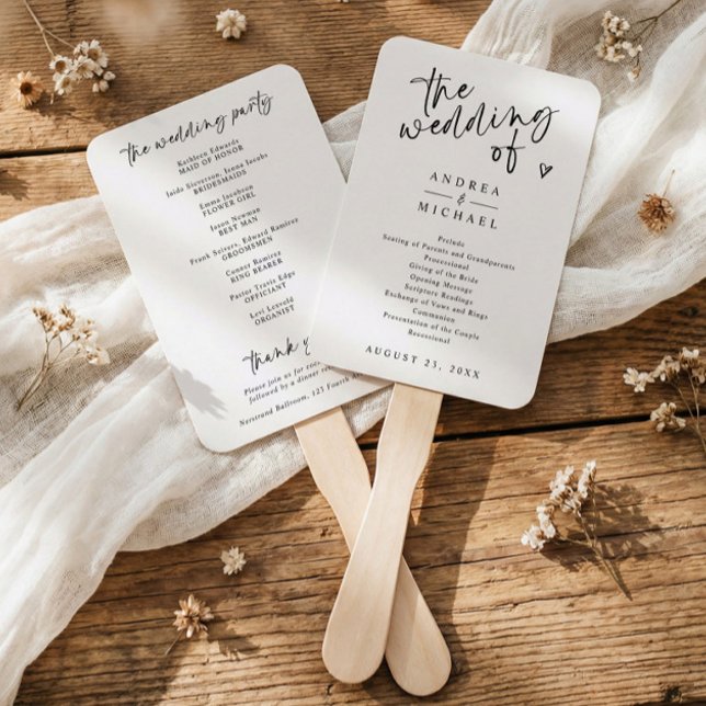 Éventail Programmes de mariage noir et blanc d'écriture man (Modern black and white wedding program fan with “the wedding of” in handwritten script)