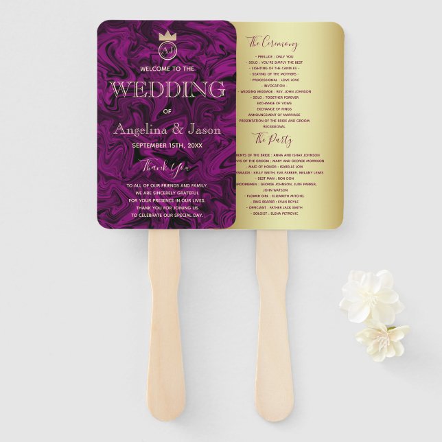 Éventail Purple Abstrait Art et Gold Foil Wedding Programme (Devant et derrière)
