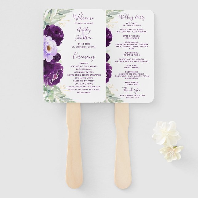 Éventail Purple Aquarelle Florale Programme de mariage (Devant et derrière)
