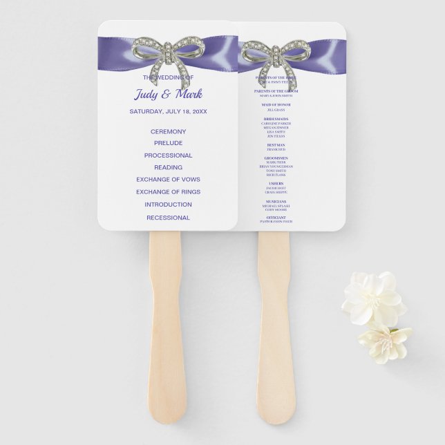 Éventail Purple Blue Diamond Bow Wedding Programme Fans (Devant et derrière)