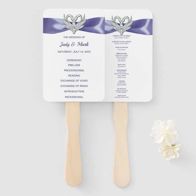 Éventail Purple Blue Silver Swans Programme de mariage Vent (Devant et derrière)