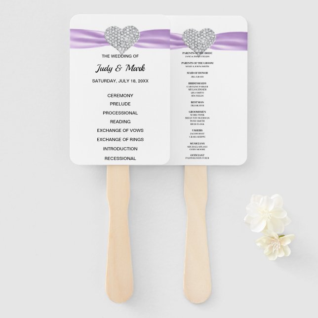 Éventail Purple Diamond Heart Wedding Programme (Devant et derrière)