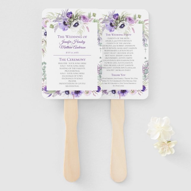 Éventail Purple, Lavande, Mariage Floral Aquarelle Blanche (Devant et derrière)