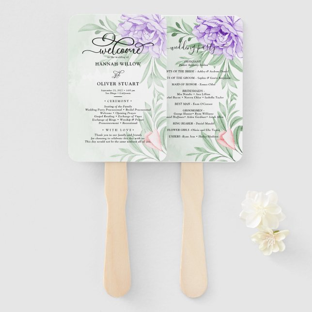 Éventail Purple Peony Rose Green Programme de mariage Feuil (Devant et derrière)
