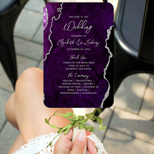 Éventail Purple Silver Agate Script Wedding Program (Créateur téléchargé)