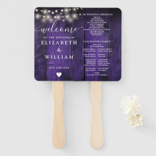 Éventail Purple String Lights Rustic Wood Wedding Programme