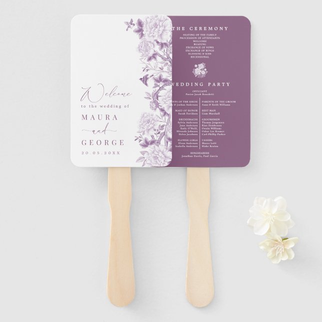 Éventail Purple White Chinoiserie Floral Wedding Programme (Devant et derrière)