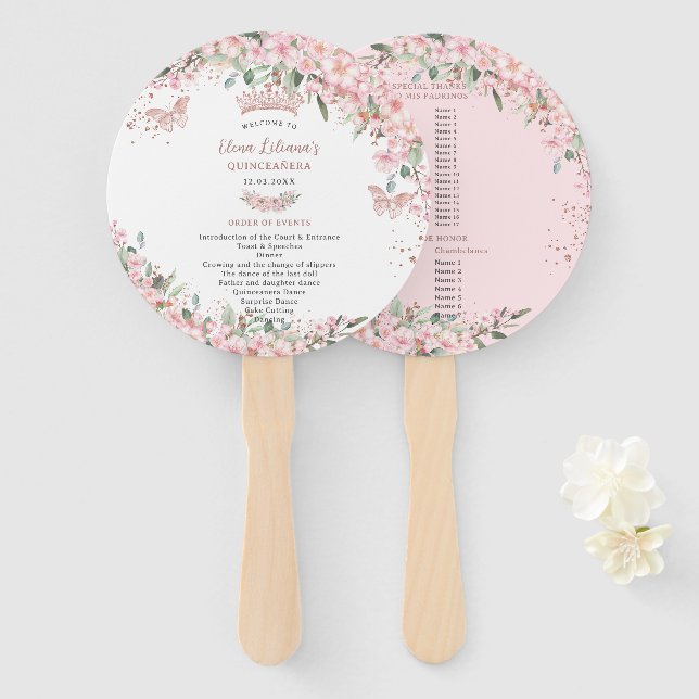 Éventail Quinceañera Cherry Blossoms Rose Gold Programme (Devant et derrière)