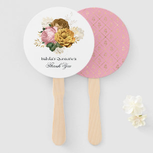 Éventail Quinceañera Florale Rose Pâle et Or Vintage
