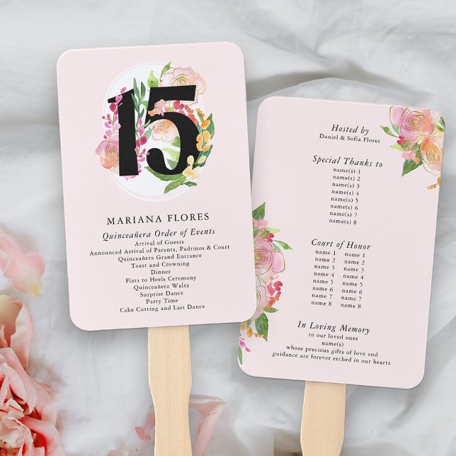 Éventail Quinceanera Ordre des événements Floral Numéro 15 (15th Birthday Order of Events Program Hand Fans from my Floral Chic Quinceanera Collection
)