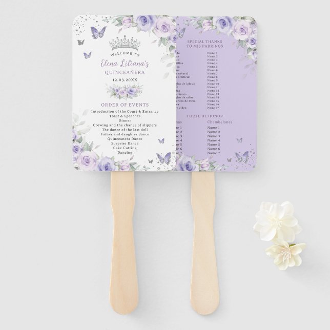 Éventail Quinceañera Purple Lavender Floral Silver Programm (Devant et derrière)