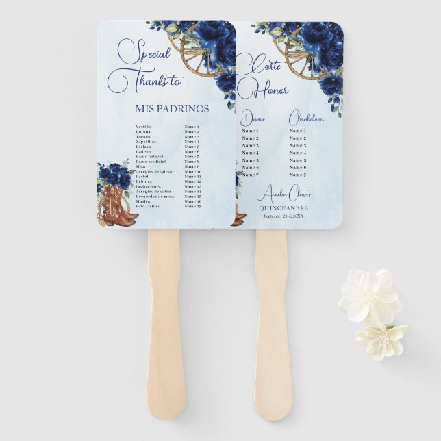 Éventail Quinceañera XV 15 Royal Blue Floral Charro Padrino (Devant et derrière)