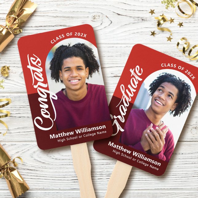 Éventail Red Congrats Grad 2 Photos Arch Bold Script Retro (Créateur téléchargé)