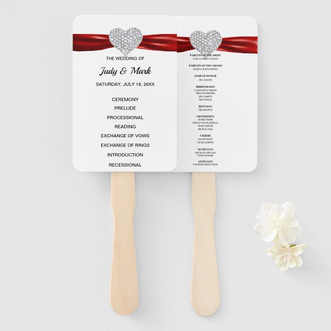 Éventail Red Diamond Heart Wedding Programme (Devant et derrière)