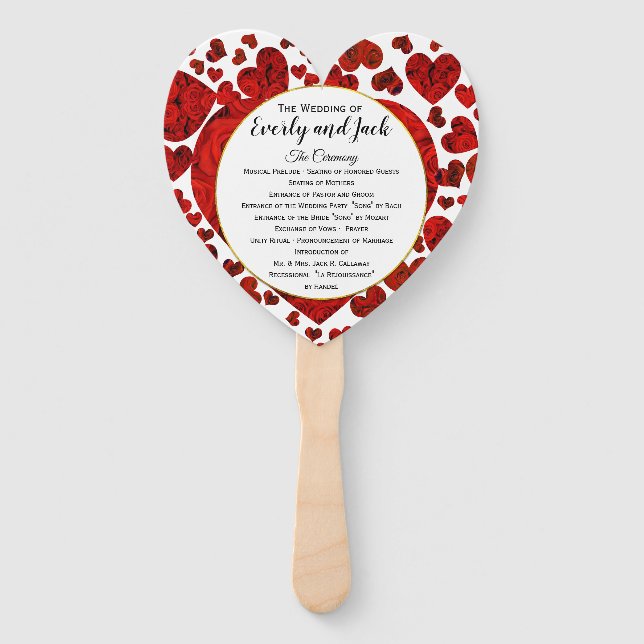 Éventail Red Hearts and Rose Wedding Program Elegant Gold (Devant)