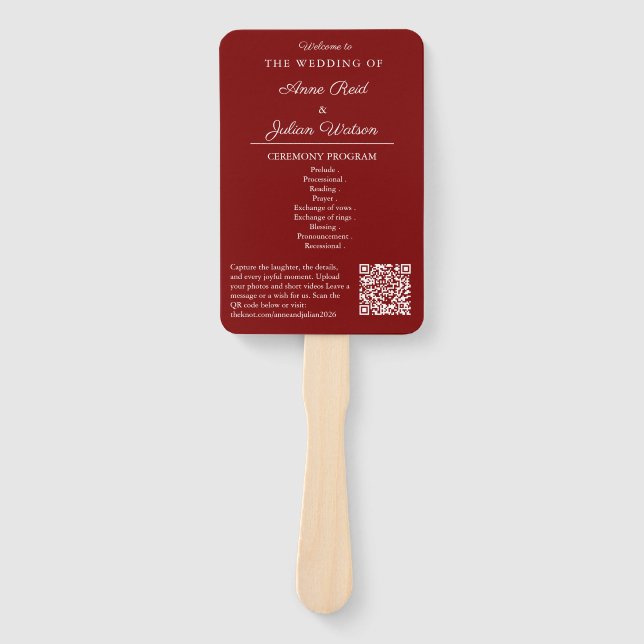 Éventail Red Modern Wedding Ceremony Program Hand fans (Devant)