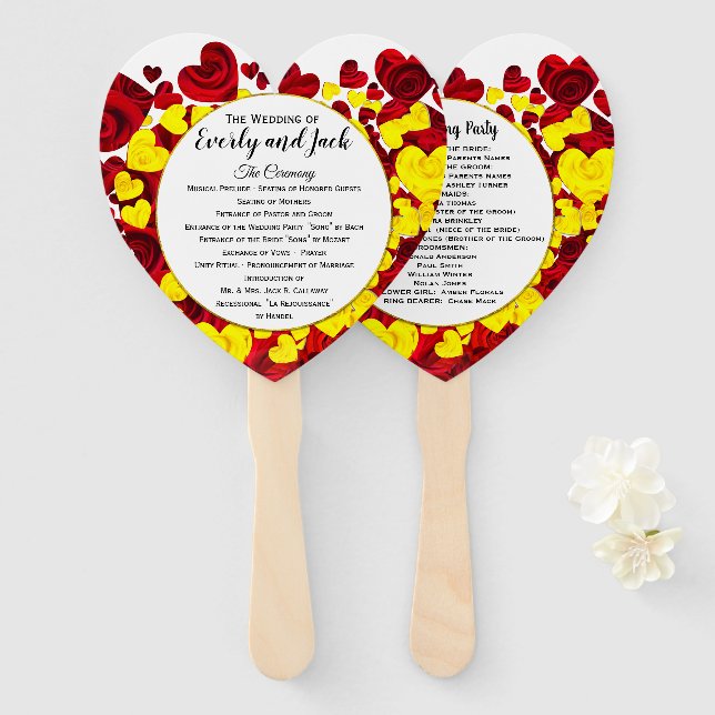 Éventail Red & Yellow Hearts & Rose Wedding Program (Devant et derrière)