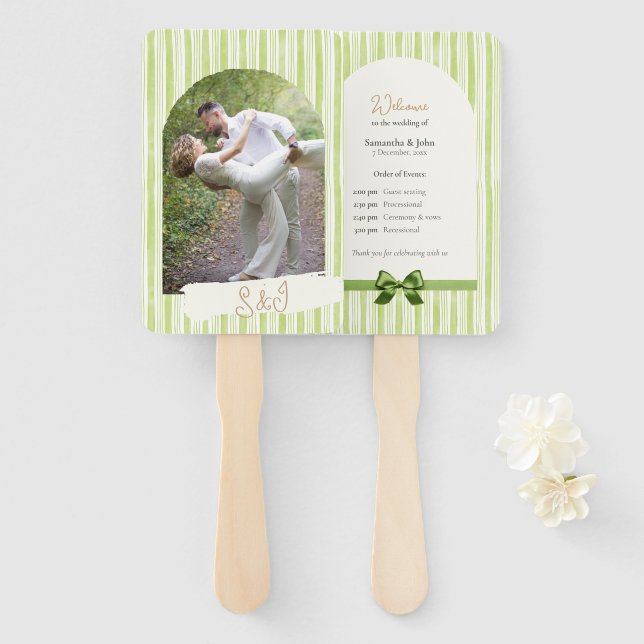Éventail Retro Green Stripes Wedding Ceremony Program Fan (Devant et derrière)
