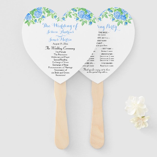Éventail Romantique Bleu Rose Floral Heart Wedt Programme (Devant et derrière)