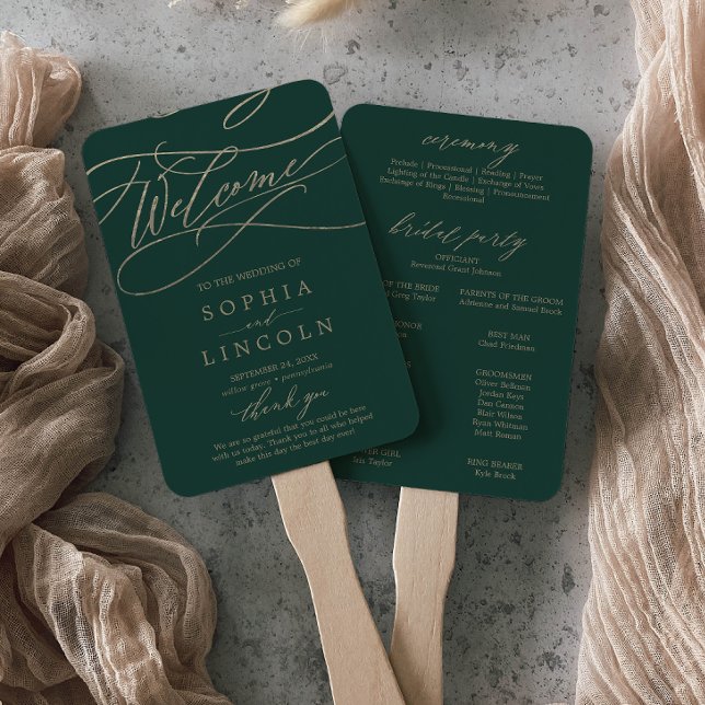 Éventail Romantique Green Calligraphy Programme de mariage  (Créateur téléchargé)