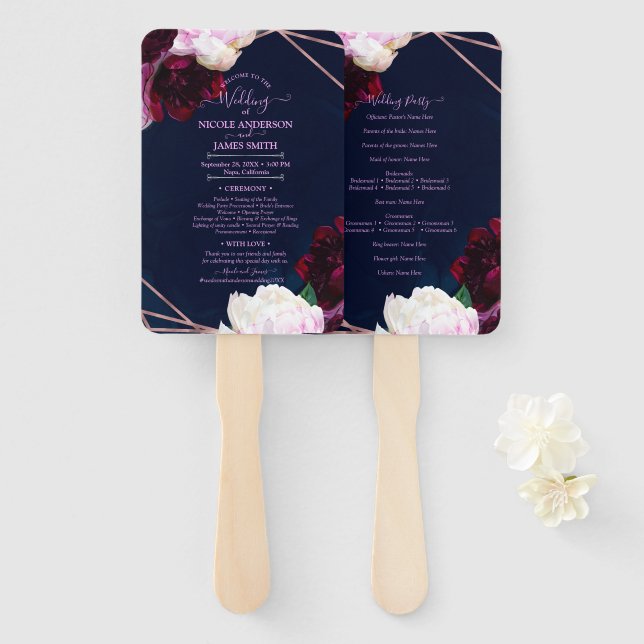 Éventail Rose bleu marine or Floral moderne Glam Mariage (Devant et derrière)