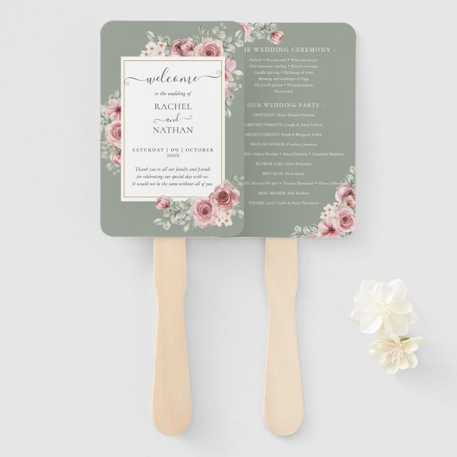 Éventail Rose Floral Elegant Sage Green Wedding Programme (Devant et derrière)