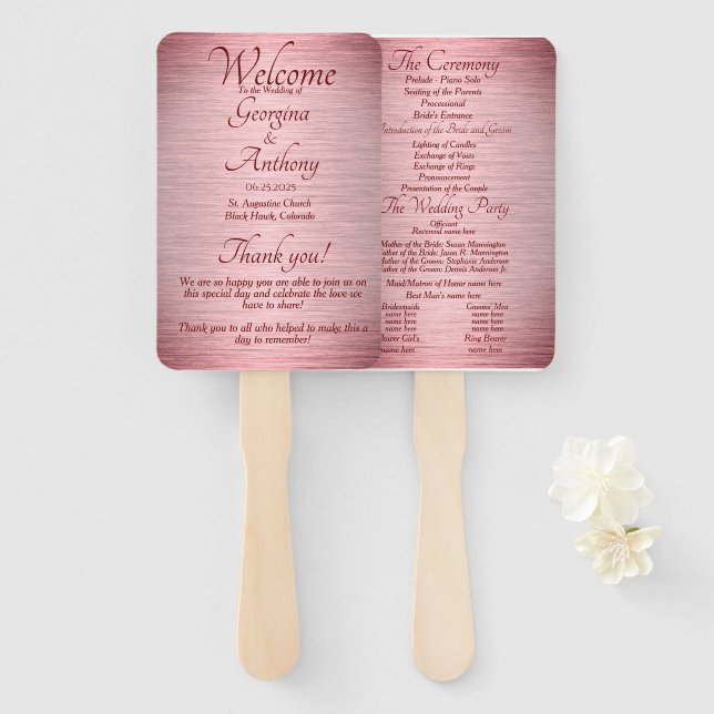 Éventail Rose Gold Burgundy Programme de cérémonie Mariage (Devant et derrière)