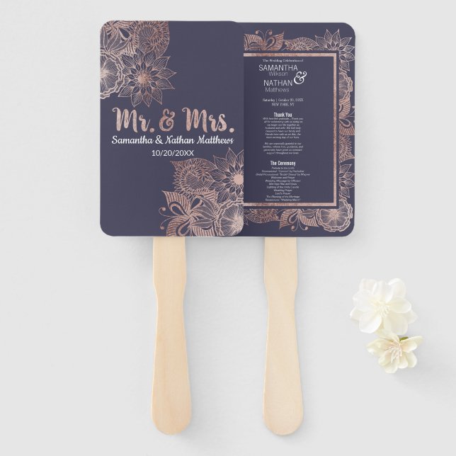 Éventail Rose Gold Floral et Navy Blue Wedding Programmes (Devant et derrière)