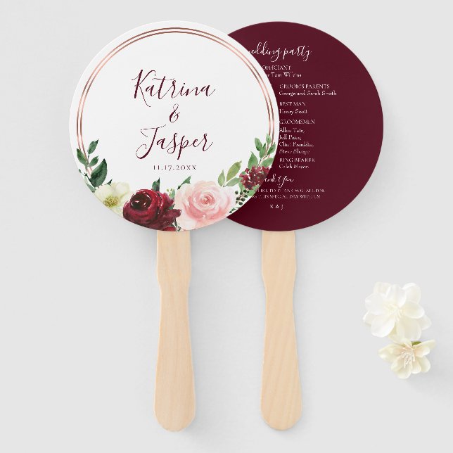 Éventail Rose Gold Hoop Burgundy Blush Floral Mariage (Devant et derrière)