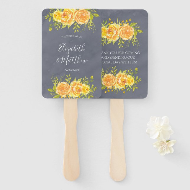 Éventail Rose jaune et gris Peony Mariage ventilateur main (Devant et derrière)