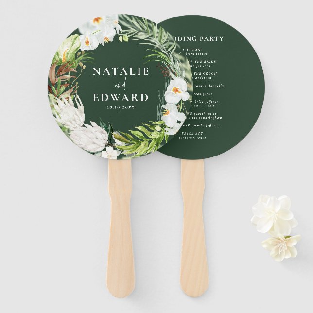 Éventail Rose, turquoise + mariage tropical orchidée (Devant et derrière)