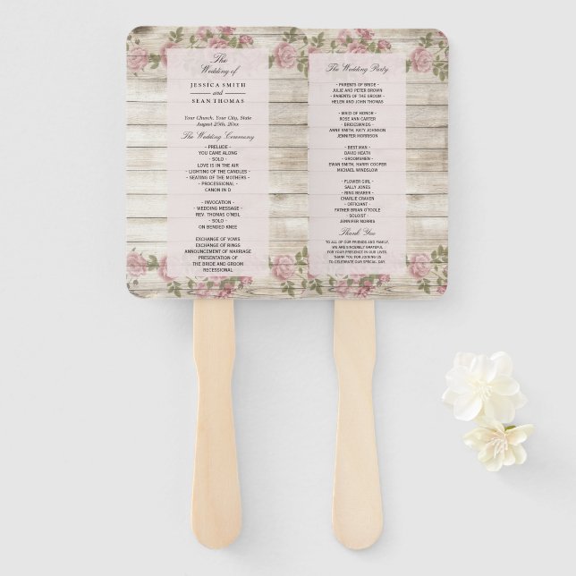 Éventail Roses rustiques Sur Le Programme De Mariage Du Boi (Devant et derrière)