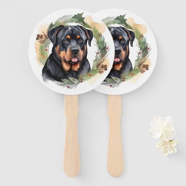 Éventail Rottweiler Christmas Wreath Festive Pup (Devant et derrière)