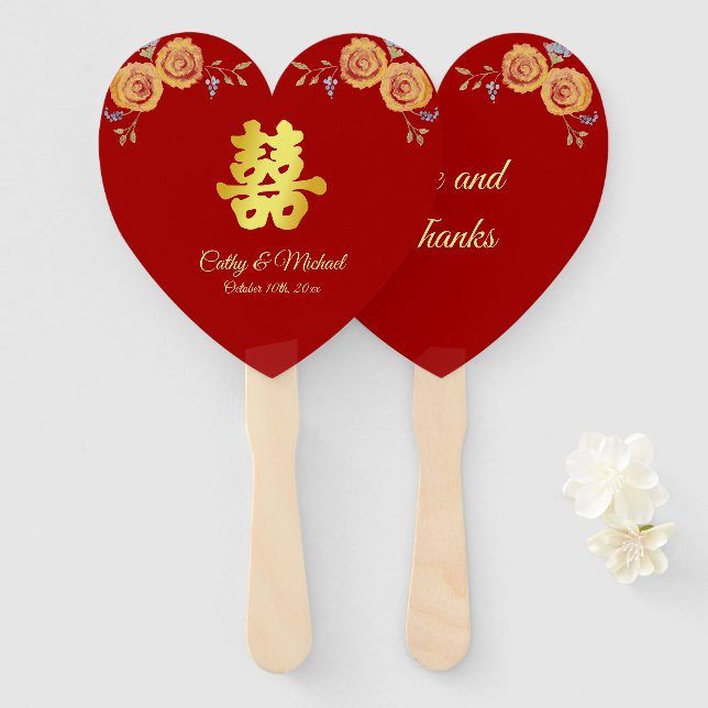 Éventail Rouge orange floral chinois mariage double bonheur (Devant et derrière)