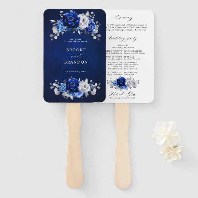 Éventail Royal Blue White Silver Floral Wedding Programme (Devant et derrière)