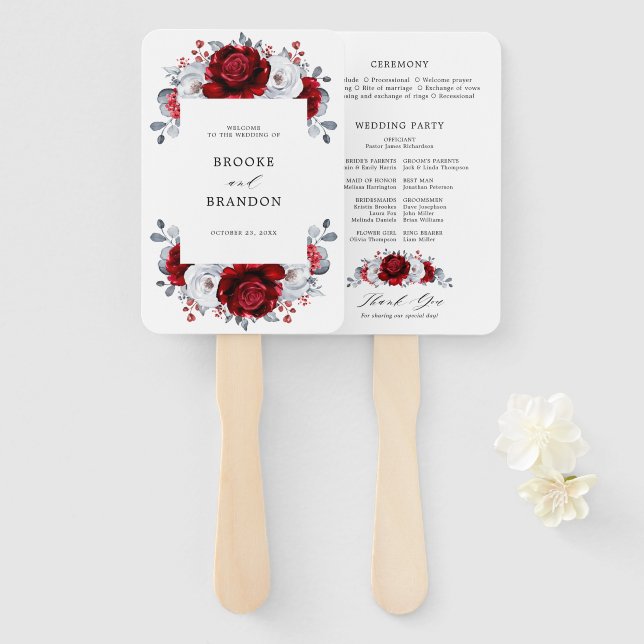 Éventail Royal Rouge Blanc argent métal Mariage floral (Devant et derrière)