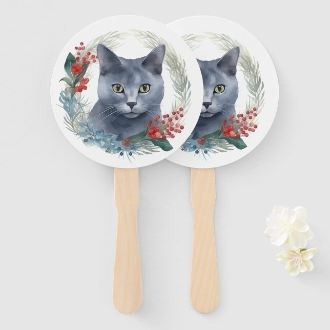Éventail Russe Blue Chat Noël Wreath Festive Kitten (Devant et derrière)