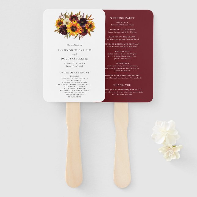Éventail Rustic Automne Rose Sunflower Wedding Programme (Devant et derrière)