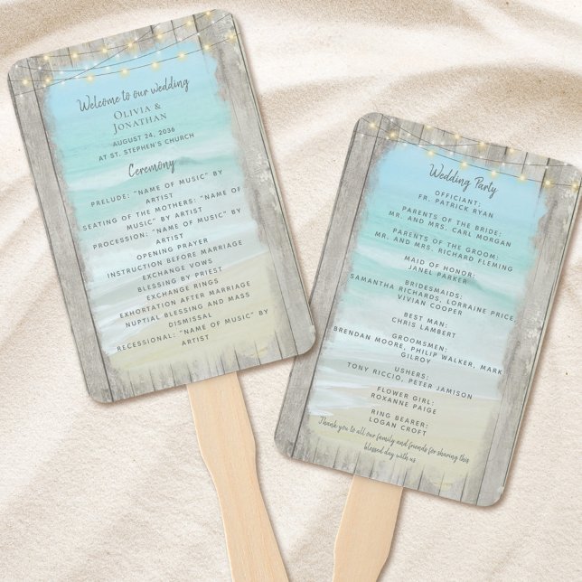 Éventail Rustic Beach String Lights Ocean Wedding Programme (Créateur téléchargé)