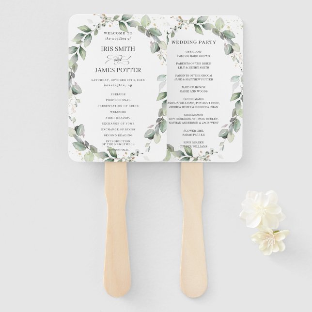 Éventail Rustic Chic Green Programme de mariage de germes (Devant et derrière)