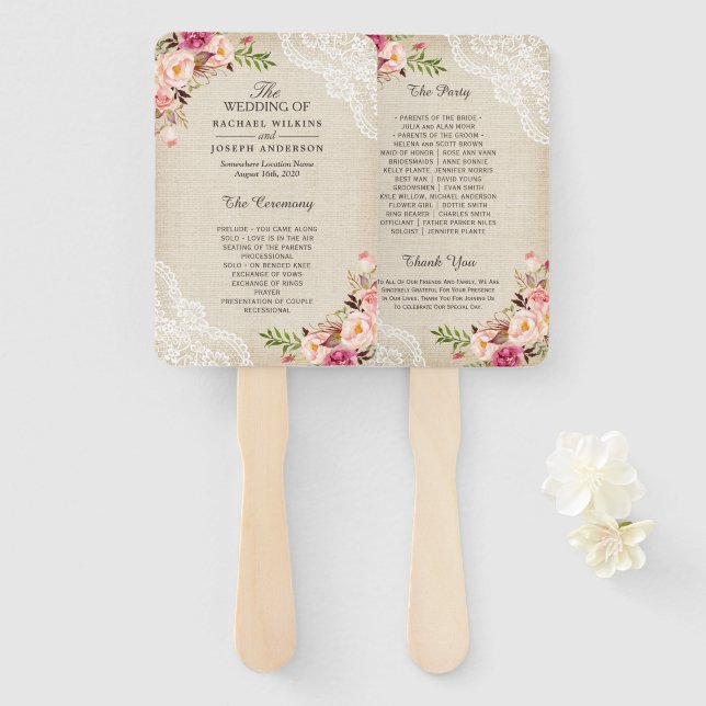 Éventail Rustic Country Floral Lace Burlap Programme de mar (Devant et derrière)