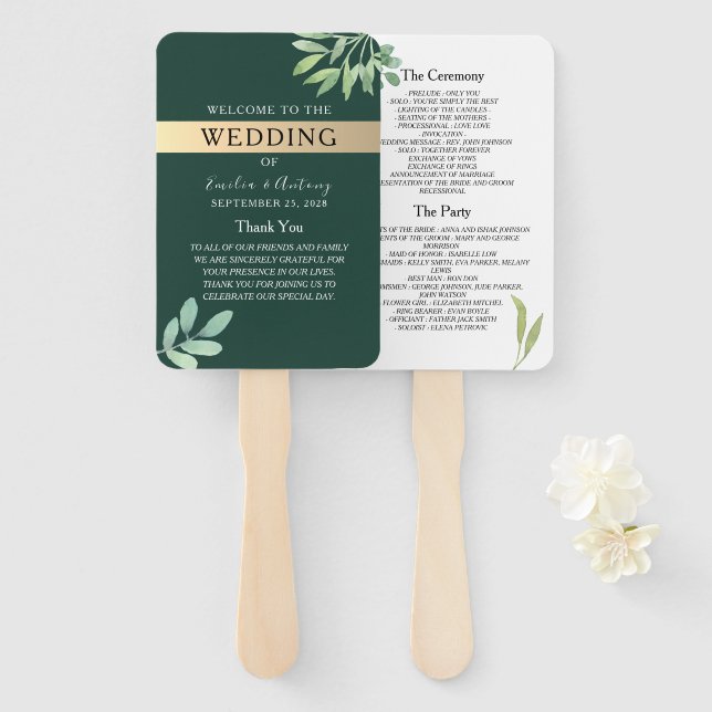 Éventail Rustic Emerald Wedding Program (Devant et derrière)
