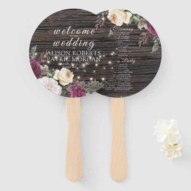 Éventail Rustic Mariage Lace Floral Wedding Programme (Devant et derrière)