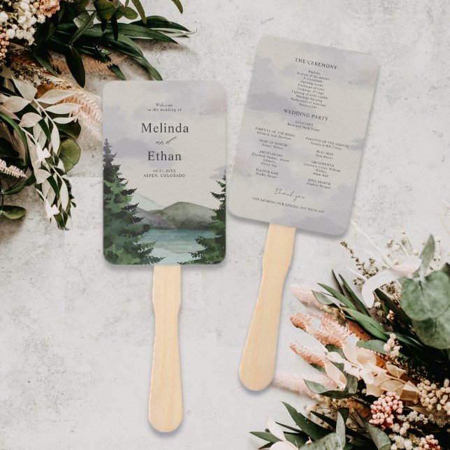 Éventail Rustic Mountain & Lake Evergreen Wedding Program (Créateur téléchargé)