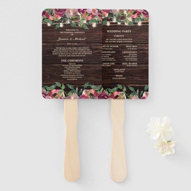 Éventail Rustic String Lumières Bourgogne Floral Programme (Devant et derrière)