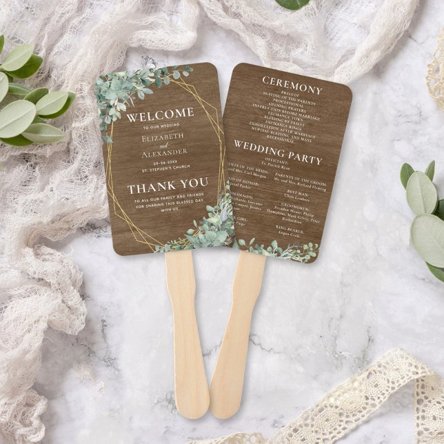 Éventail Rustique Bois Eucalyptus Programme de mariage vert (Créateur téléchargé)