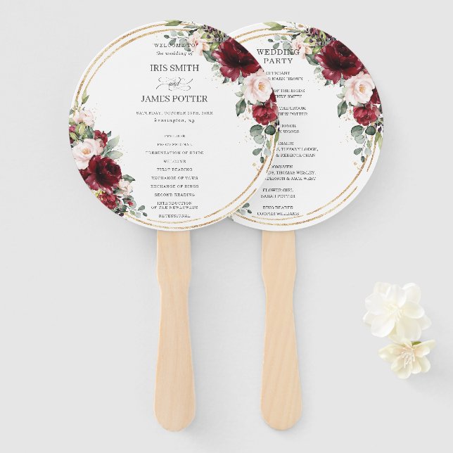 Éventail Rustique Bourgogne Blush Floral Programme de maria (Devant et derrière)